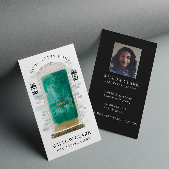 Carte De Visite Aquarelle vert jade porte entrée agent immobilier (Créateur téléchargé)