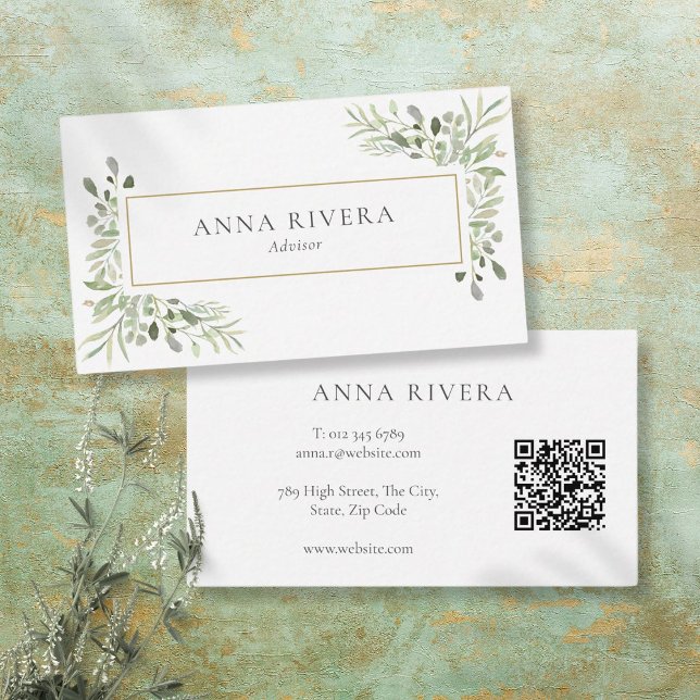 Carte De Visite Aquarelle vert or Géométrique QR Code (Watercolor Greenery Gold Geometric QR Code Business Card)