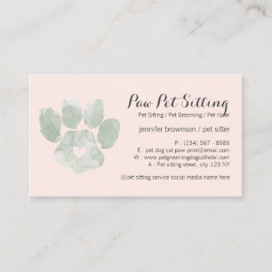 Carte De Visite Aquarelle VERT rose Pet Sitter Grossissant Paw