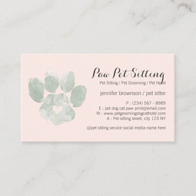 Carte De Visite Aquarelle VERT rose Pet Sitter Grossissant Paw (Devant)