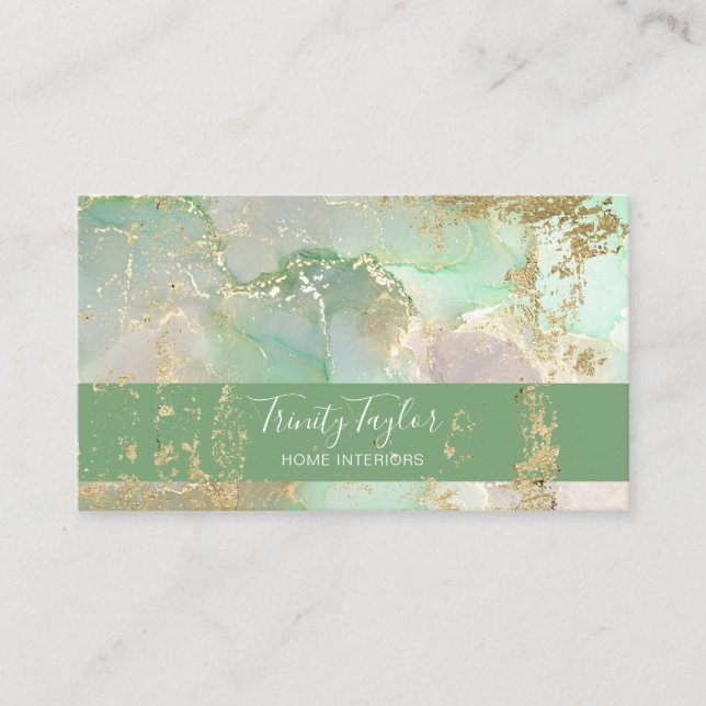 Carte De Visite Aquarelle verte à la menthe Marbre Encre et huile  (Devant)