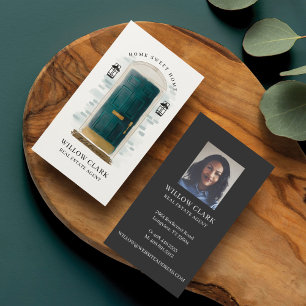 Carte De Visite Aquarelle verte Agent immobilier de porte avant