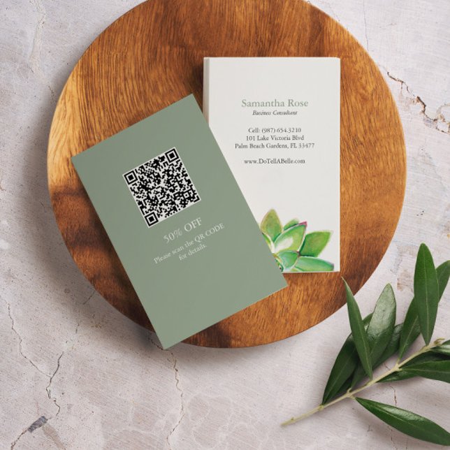 Carte De Visite Aquarelle verte de marketing professionnel Succule (business card with QR code features watercolor succulent art by Victoria Grigaliunas Do Tell A Belle)