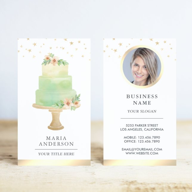 Carte De Visite Aquarelle verte Fleur pâtisserie Chef boulangerie (Créateur téléchargé)