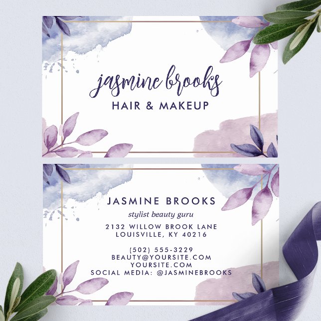 Carte De Visite Aquarelle violette Feuille Gold Frame (Créateur téléchargé)