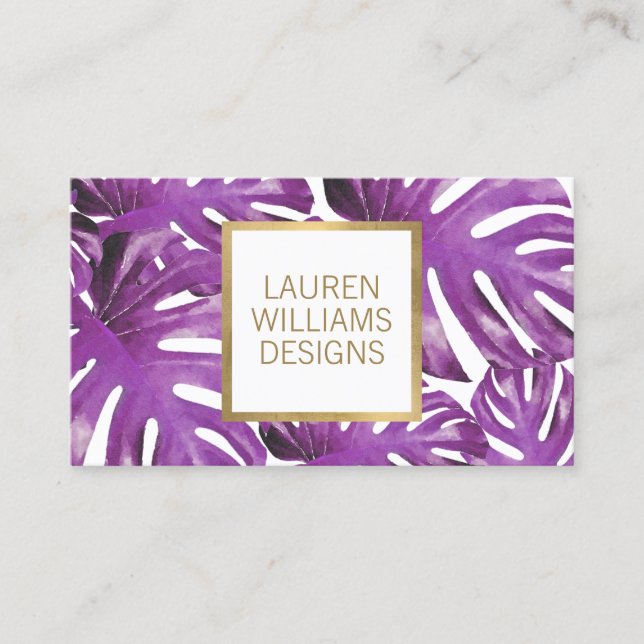 Carte De Visite Aquarelle violette Motif de Monstera Tropical (Devant)