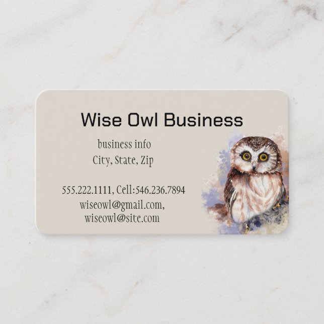 Carte De Visite Aquarelle Wise Owl Logo Oiseau Personnalisé (Devant)