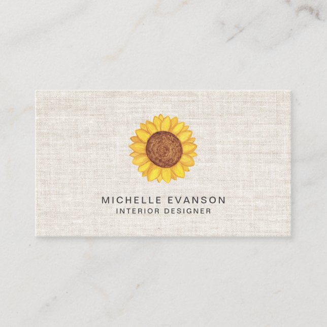 Carte De Visite Aquarelle Yellow Sunflower Logo sur lin rustique (Devant)
