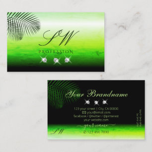Carte De Visite Aquarelles vertes Palm Diamants Feuilles Monogramm