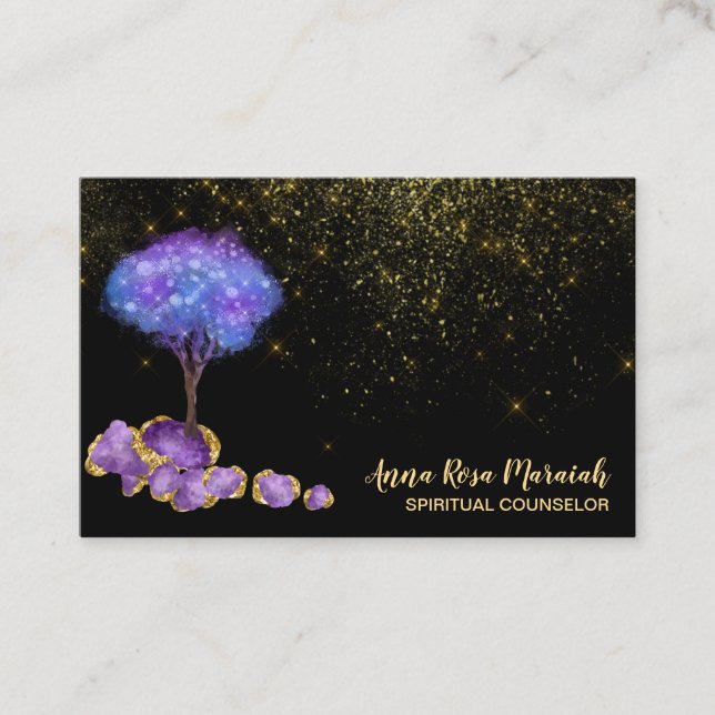 Carte De Visite *~* Arbre Parties scintillant d'or Améthyste Bijou (Devant)