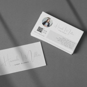 Carte De Visite Argent   Code QR photo minimaliste élégant moderne