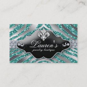 Carte De Visite Argent de Fleur de lis Sparkle Teal de zèbre de