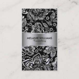 Carte De Visite Argent métallique brillant Baroque Floral Damas