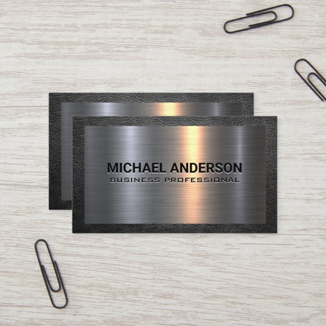 Carte De Visite Argent métallique en aluminium brossé | Bordure en (Devant/Arrière en situation)
