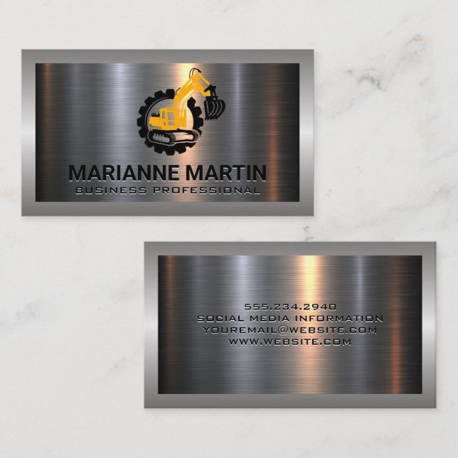 Carte De Visite Argent métallique en aluminium brossé | Bull Dozer (Devant / Derrière)