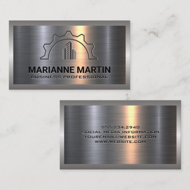 Carte De Visite Argent métallique en aluminium brossé | Logo de co (Devant / Derrière)