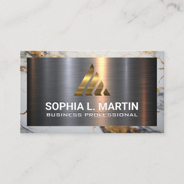 Carte De Visite Argent métallique en aluminium brossé | Marbre or (Devant)