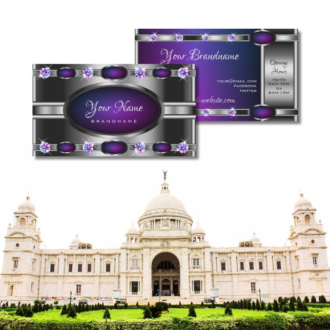 Carte De Visite Argent moderne avec dégradé violet et strass (Créateur téléchargé)