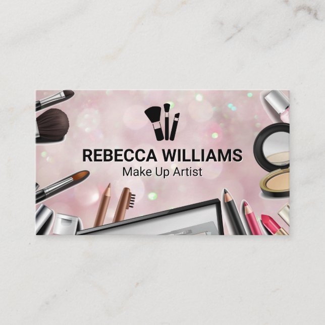 Carte De Visite Arrière - plan Bokeh Pink | Brosses de maquillage (Devant)