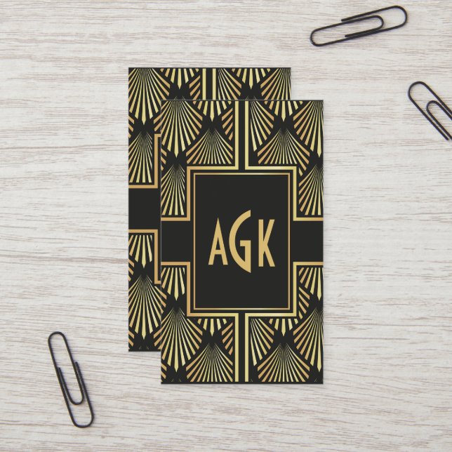 Carte de visite Art déco noir et or chic (Devant/Arrière en situation)
