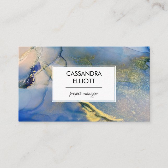 Carte De Visite Art liquide Abstrait d'encre d'alcool bleu et or (Devant)