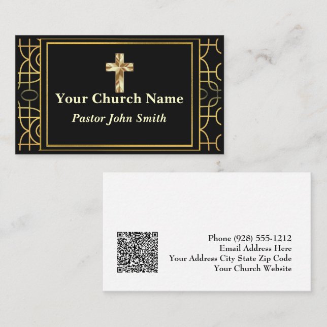 Carte De Visite ArtDeco Church Pastor Gold Bordure (Devant / Derrière)