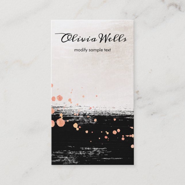 Carte De Visite Artisan Black Brushstroke Rose Gold Splatter (Devant)