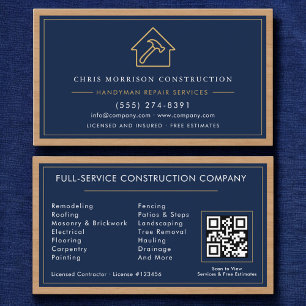 Carte de visite artisan bleu marine or constructio