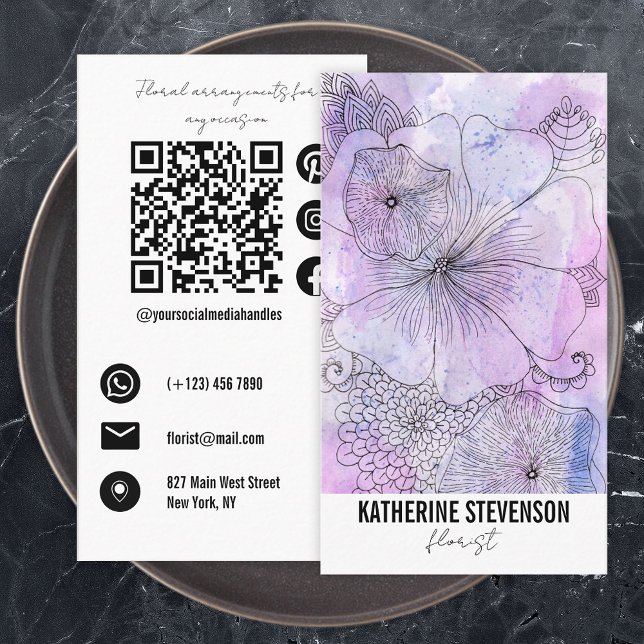 Carte De Visite Artisan Pastel Watercolor Line Art Florist (Créateur téléchargé)
