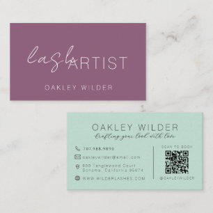 Carte De Visite Artiste de Cils Moderne Code QR Script Vert Prune