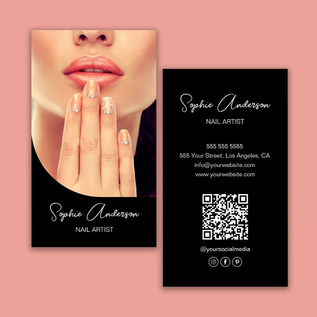 Carte De Visite Artiste de clou moderne Noir (Modern Nail Artist Black Business Card)