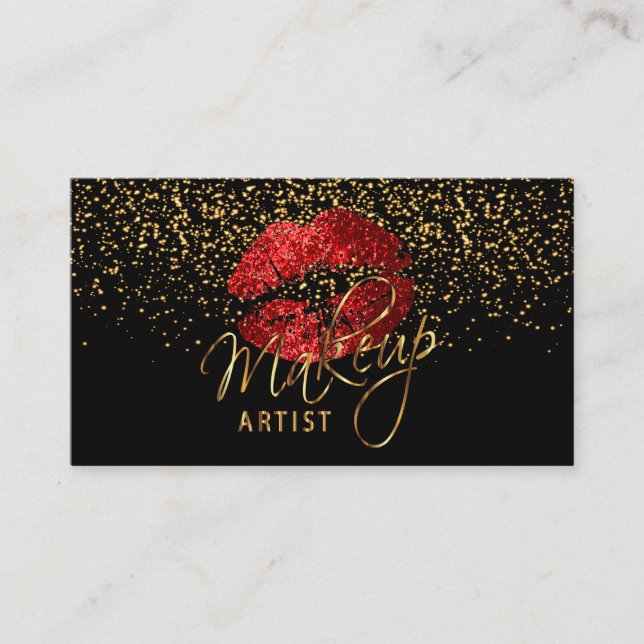 Carte De Visite Artiste de maquillage avec Confetti Or & Lèvres ro (Devant)