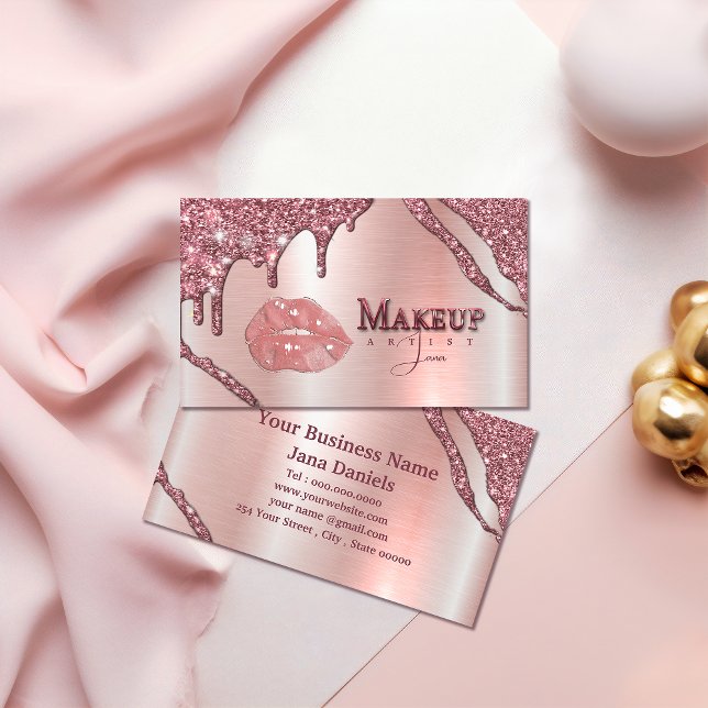 Carte De Visite Artiste De Maquillage Avec Lèvres Roses À Déchets  (Makeup Artist With Rose Gold Dripping Lips Business Card #makeupartistbusinesscard #rosegoldglitter)