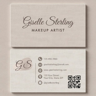 Carte De Visite Artiste de Maquillage Code QR Élégant Lin Beige Mo