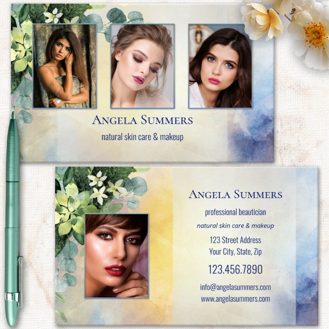 Carte De Visite Artiste de maquillage de beauté naturelle biologiq (Photo template beauty business card with watercolor flowers and elegant design)