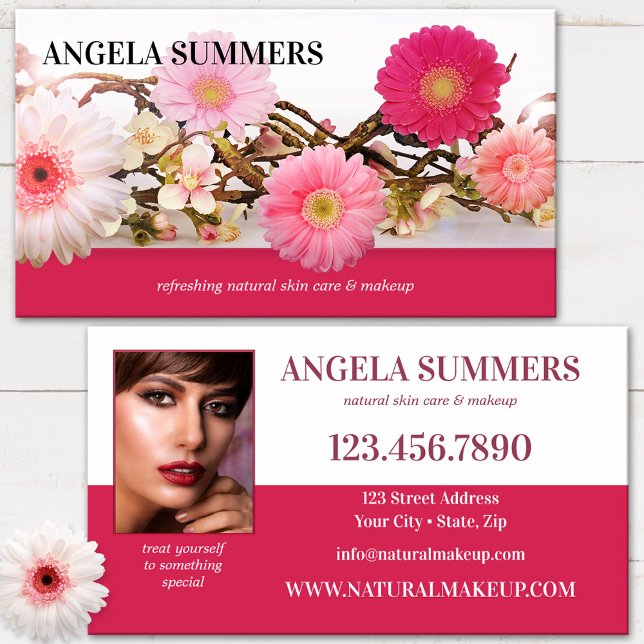 Carte De Visite Artiste de maquillage de beauté naturelle rose gra (Elegant beauty floral business card with custom photo in vibrant fuchsia with white - makeup artist)