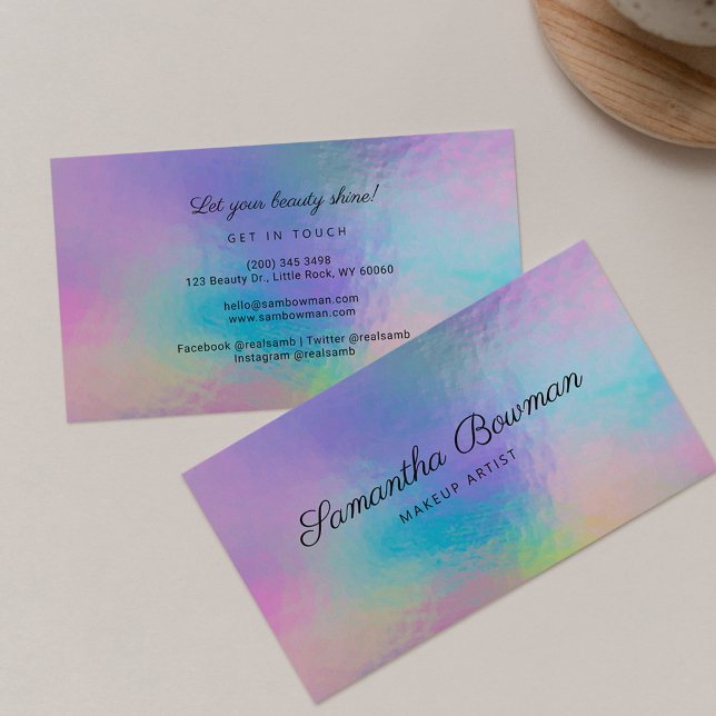 Carte De Visite Artiste de maquillage de script moderne Faux Holog (Modern Holographic Purple Makeup Artist Business Card)