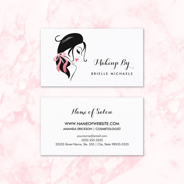 Carte De Visite Artiste de maquillage femme avec cils et poitrine  (Makeup Artist Woman With Eyelashes and Pink Bow Business Cards)