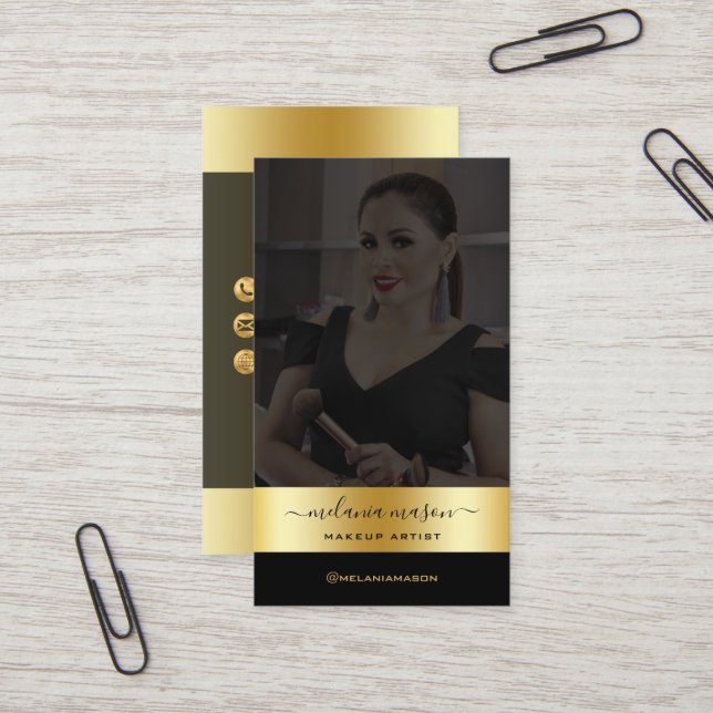 Carte De Visite Artiste de maquillage moderne Black Gold Custom Ph (Devant/Arrière en situation)