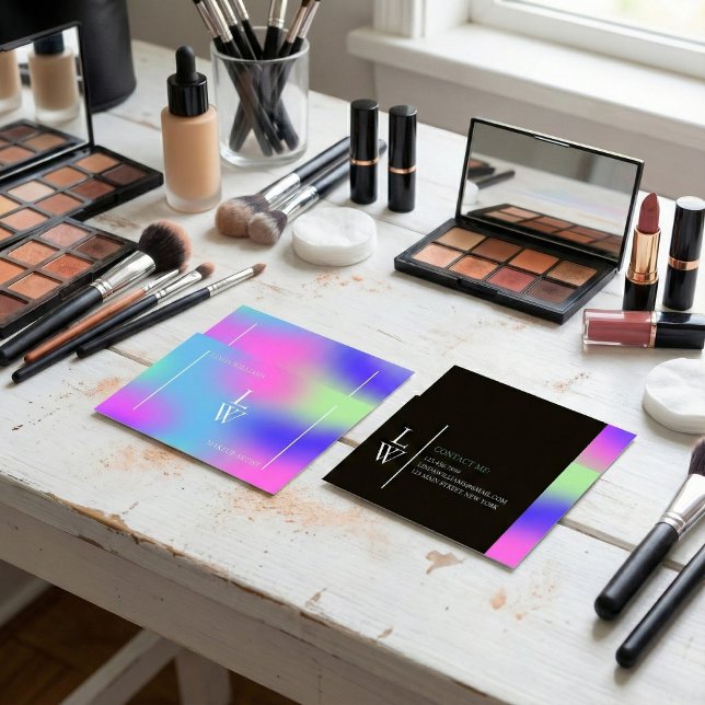 Carte De Visite Artiste de maquillage moderne branché Gradient col (Makeup Artist Branding – Pastel Holographic Gradient, Modern Monogram, Two-Sided)