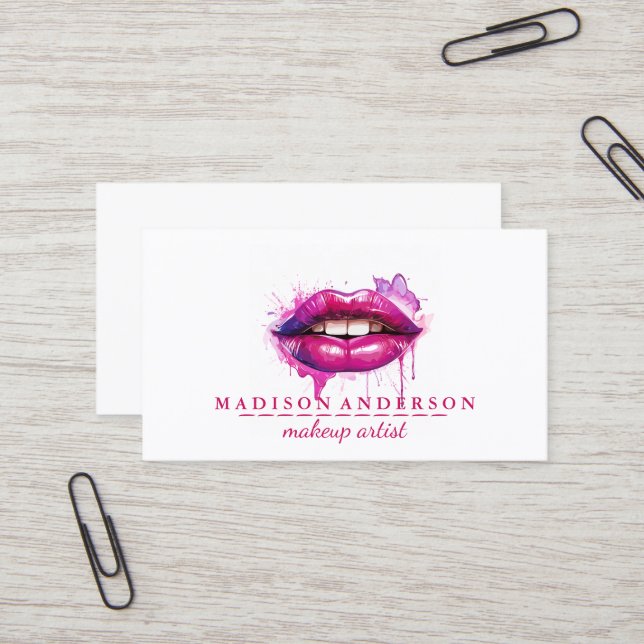 Carte De Visite Artiste de maquillage moderne Salon Rose Lips (Devant/Arrière en situation)