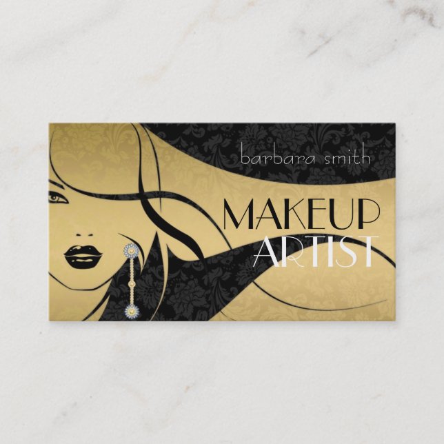 Carte De Visite Artiste de maquillage noir & or Floral (Devant)