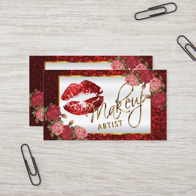 Carte De Visite Artiste de maquillage - Rose rouge Parties scintil (Devant/Arrière en situation)