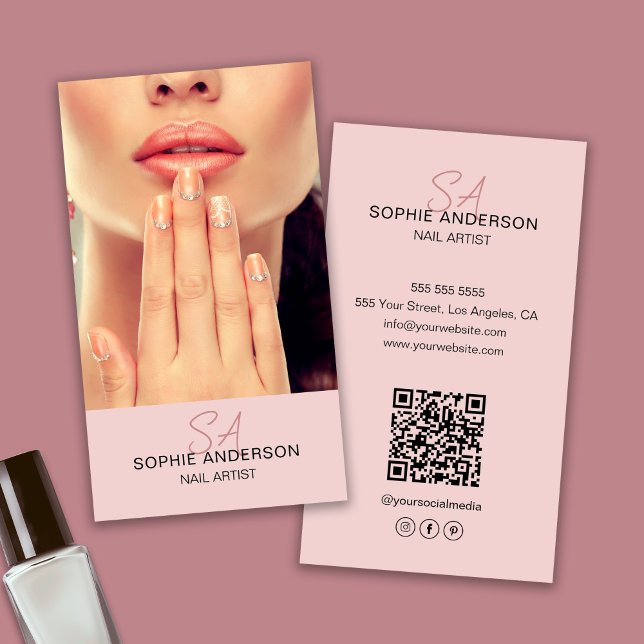 Carte De Visite Artiste de ongle Monogramme moderne rose (Modern Monogram Nail Artist Pink Business Card)