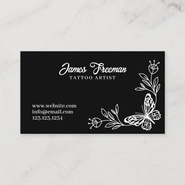 Carte De Visite Artiste de tatouage à fleurs noir et blanc foncé (Devant)