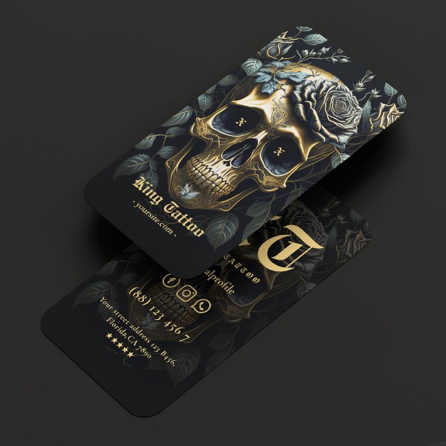 Carte De Visite Artiste de tatouage moderne Crâne floral Or gothiq (Modern Tattoo Artist Floral Skull Gold Gothic Business Card
)