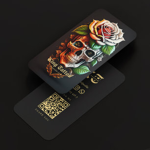 Carte De Visite Artiste de tatouage moderne Crâne Monogramme Or no