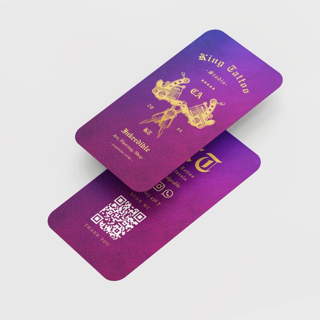 Carte De Visite Artiste de tatouage moderne Rétro Bleu Purple Or (Créateur téléchargé)