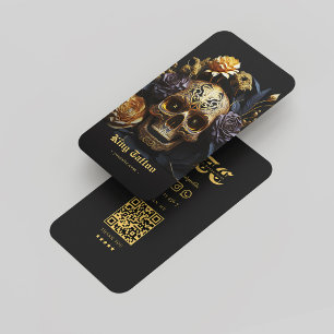 Carte De Visite Artiste de tatouage Monogramme Noir Gold Crâne Mod
