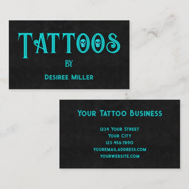Carte De Visite Artiste de tatouage noir Cool Turquoise crâne (Devant / Derrière)